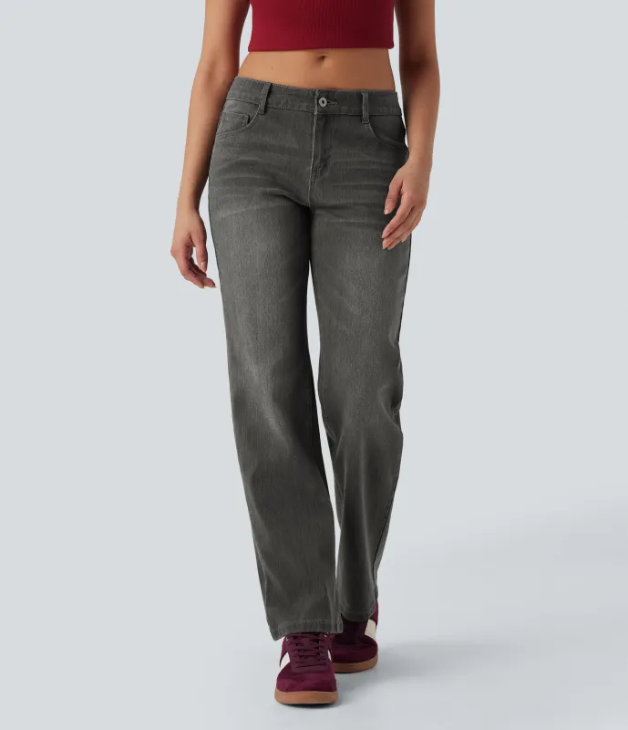 Halara Jeans Halara Flex™ Denim elástico lavado pierna recta cierre botón múltiple bolsillo tiro bajo - Cool Gray Denim - XL(regular) sold by Halara