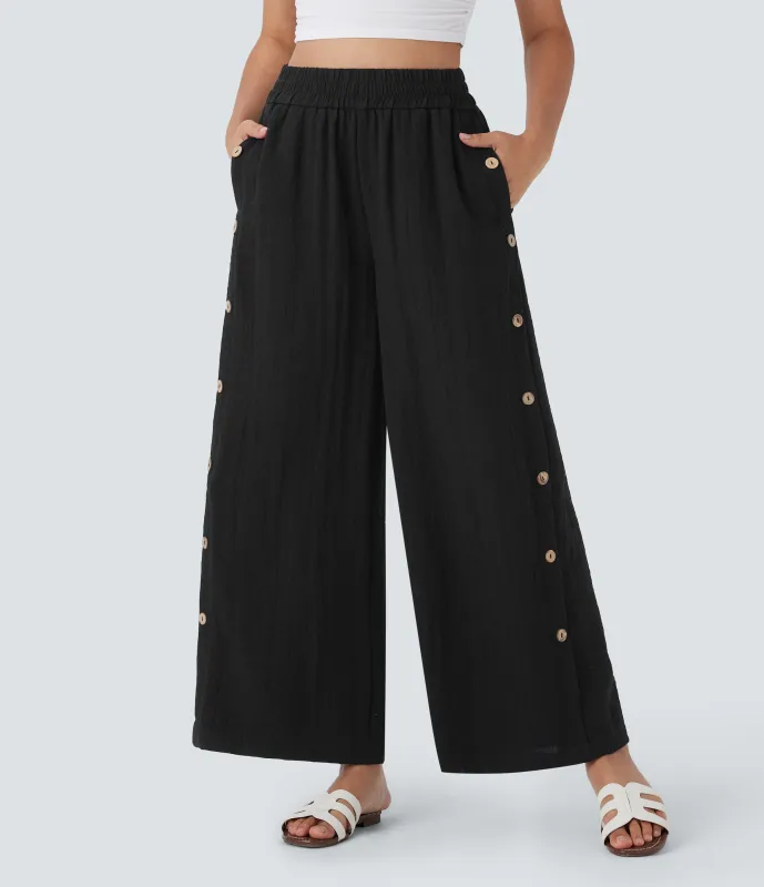 Halara Pantalón pierna ancha tiro alto bolsillo lateral botón decorativo 7/8 - Black - XS(regular) sold by Halara