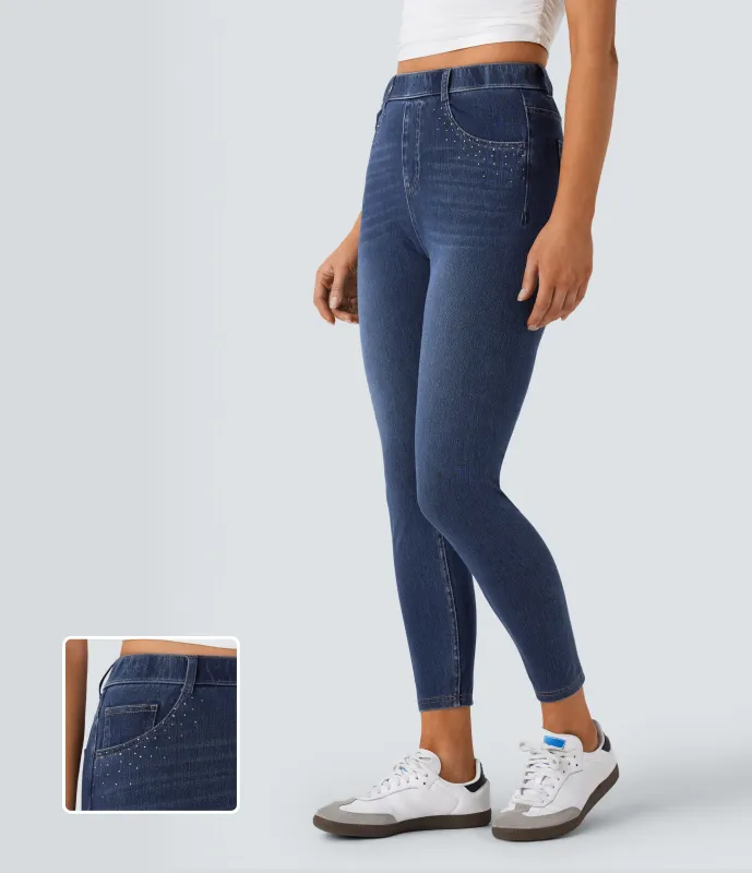 Halara Jeans Halara Flex™ Denim elásticos tiro alto con bolsillos y detalles con diamantes de largo 7/8 - Bright Blue Denim - XS(regular) sold by Halara
