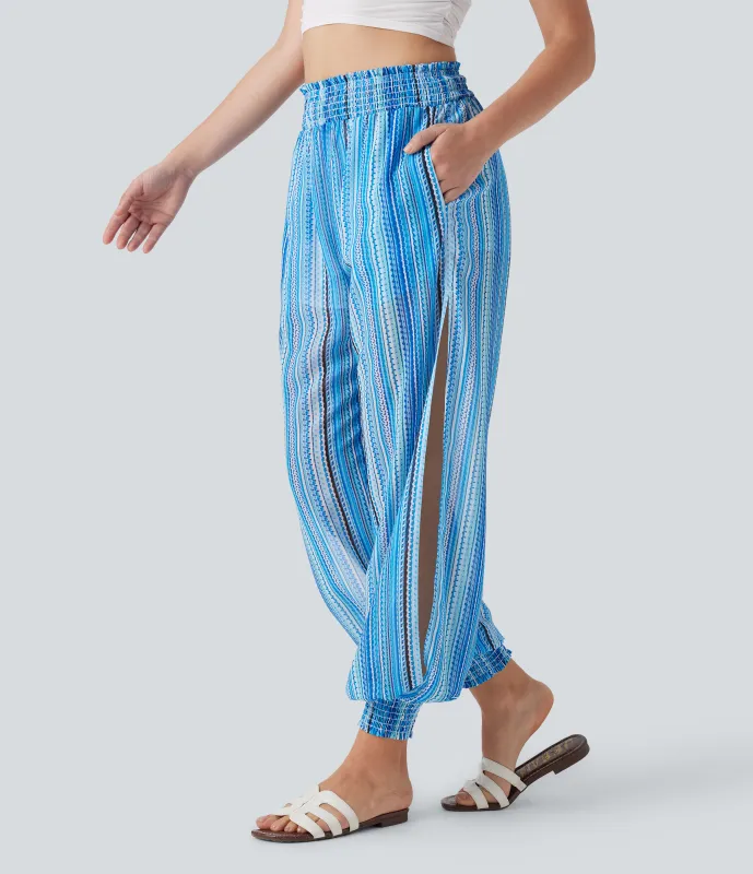 Halara Joggers casuales 2 en 1 de tiro alto a rayas con fruncido dividido y bolsillos - watercolor stripe - S(regular) sold by Halara