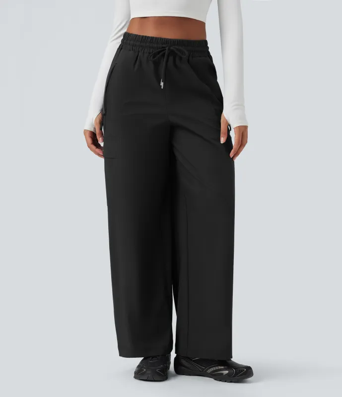 Halara Pantalones de senderismo rectos de tiro alto resistentes al agua y al desgaste con cordón y bolsillos - Black - L(regular) sold by Halara