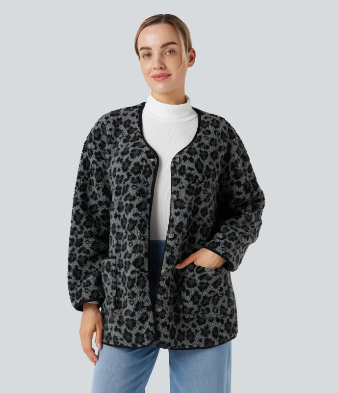 Halara Chamarra casual de sherpa con estampado de leopardo y bolsillos - Ash Panther - XL made by Halara