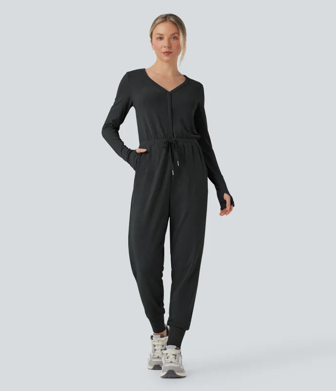 Halara Jumpsuit deportivo de manga larga con cuello en V, abertura para el pulgar y cordón ajustable con bolsillos - Edición Easy Peezy - Mottled Hemp Black - L(regular) made by Halara