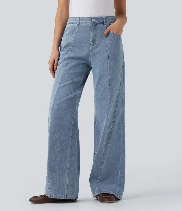 Halara Vaqueros casuales anchos Halara Flex™ de tiro medio con bolsillos  - Malibu Blue Denim - XL(regular) sold by Halara