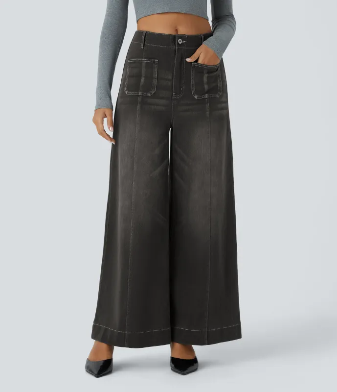 Halara Jeans Halara Flex™ Denim elástico lavado pierna ancha cierre botón bolsillo frontal - Dark Gray Denim - L(regular) sold by Halara