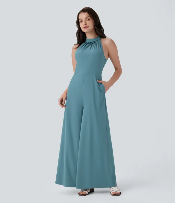 Halara Mono Breezeful™ Halter resort holgado secado rápido pierna ancha bolsillo lateral cierre invisible cuello - Stone Blue - XS(regular) made by Halara