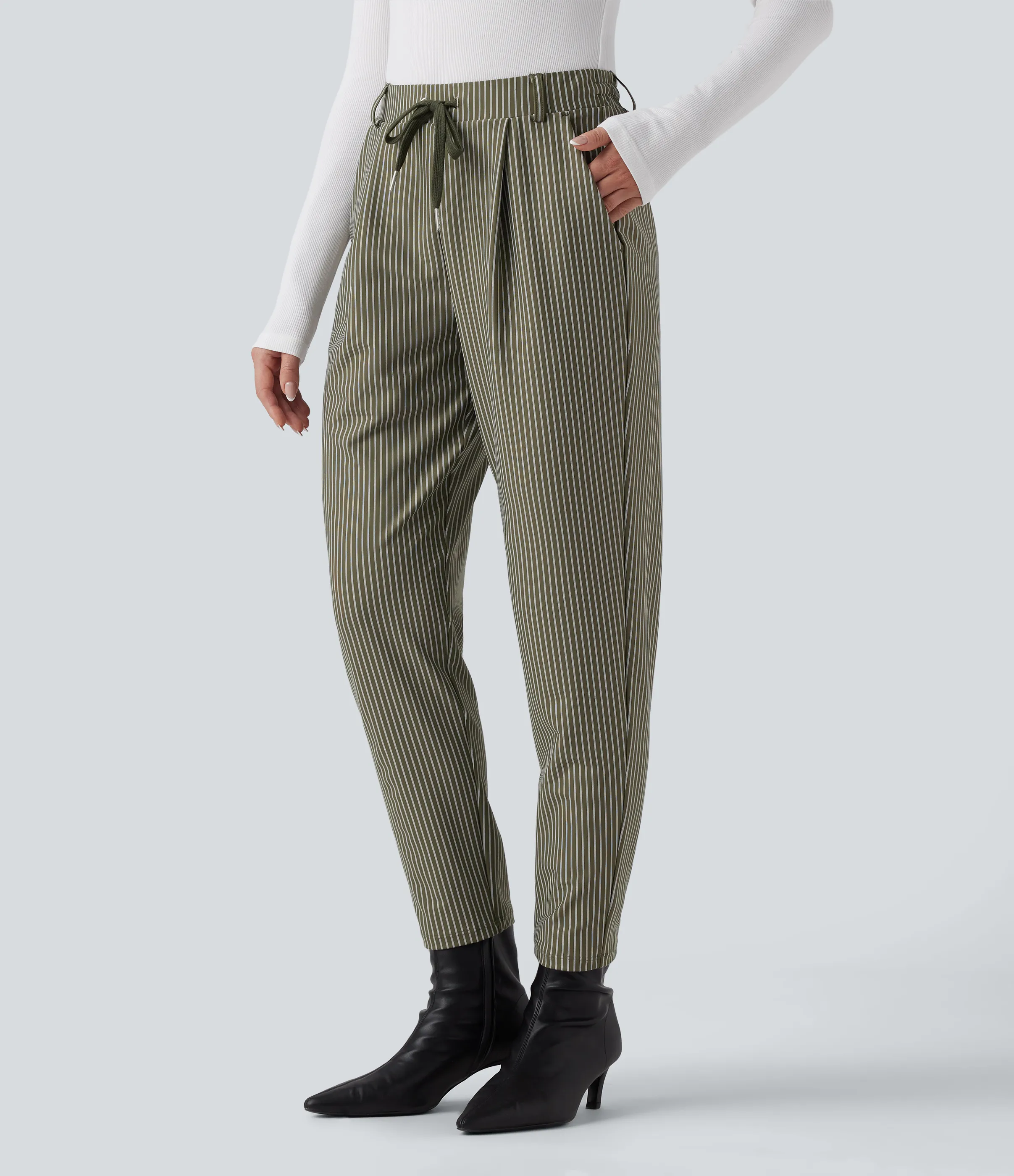 Halara Pantalones de oficina de tiro medio con rayas cónicas, cordón y bolsillos - Camo Olive Green - XS(regular) sold by Halara product image thumbnail 4
