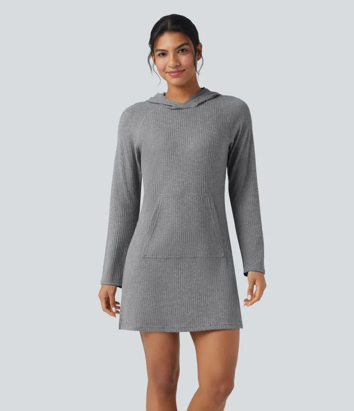 Halara Vestido corto deportivo de senderismo de manga larga con capucha y bolsillo de punto acanalado - Dark Mottled Grey - XS sold by Halara