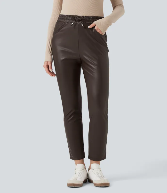 Halara Pantalones casuales elásticos de tiro alto con polar PU, cordón y bolsillos en largo7/8 - Hot Fudge - XS(regular) sold by Halara