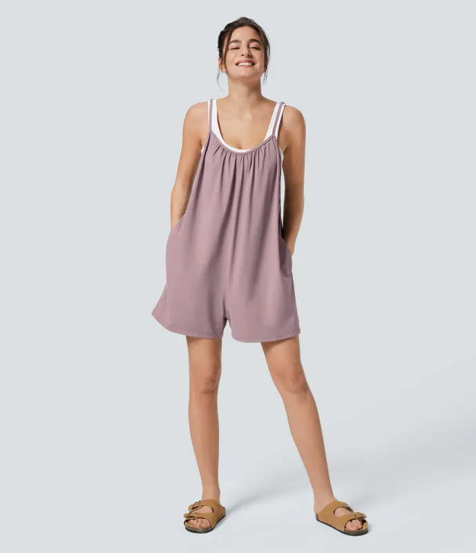 Halara Mono pierna ancha liso bolsillo lateral plisado correa ajustable espagueti - Keepsake Lilac - M(regular) sold by Halara