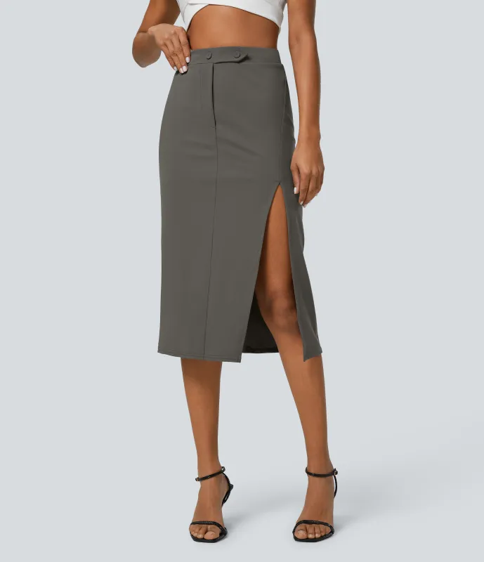 Halara Falda midi oficina dividida botón decorativo tiro alto - Deep Red Grey - XL(regular) made by Halara