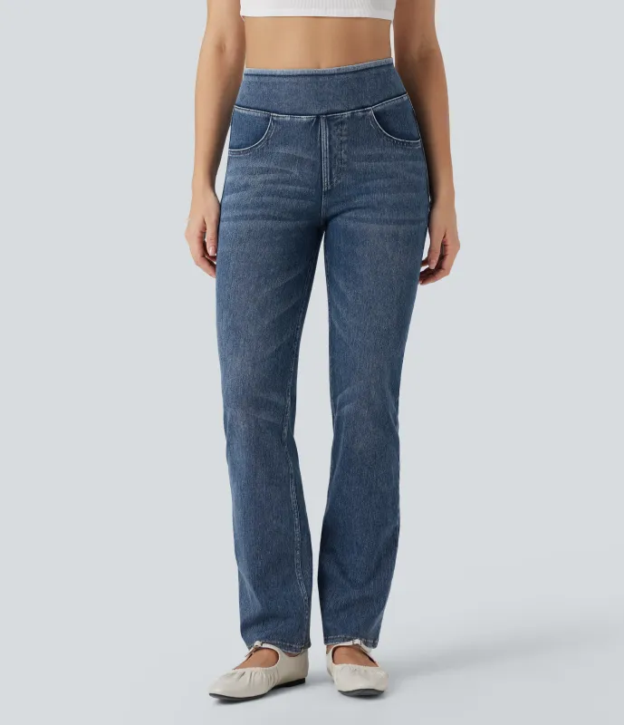 Halara Jeans Halara Flex™ Denim elástico corte acampanado tipo lavado tiro alto efecto moldeador abdomen bolsillo - Tide Blue Denim - S(regular) sold by Halara