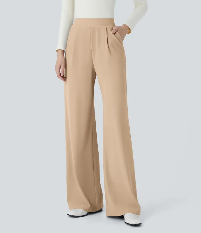 Halara Pantalón Halara Flex™ oficina tiro alto control abdomen adelgazan tiro bolsillo lateral pierna ancha micro gofre - Mellow Buff - L(regular) sold by Halara