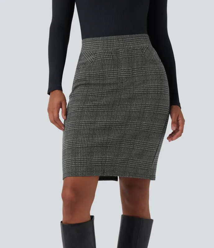 Halara Minifalda de oficina de tiro alto ajustado con estampado de pata de gallo y bolsillos - Dark Gray Plaid - XS(regular) sold by Halara