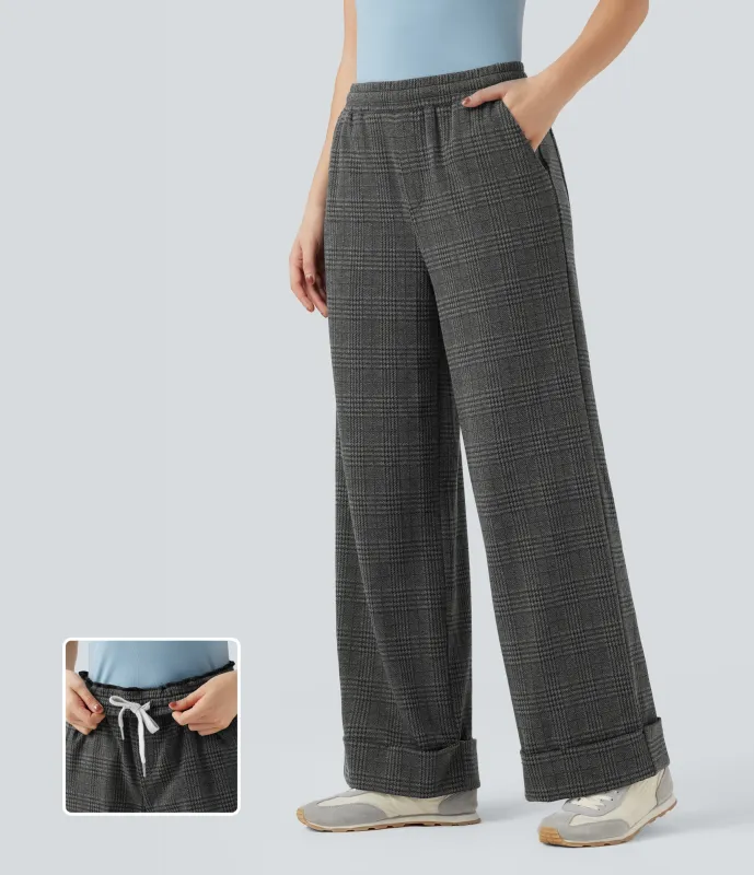 Halara Pantalones casuales anchos de pata de gallo con tiro medio, cordón ajustable y bolsillos - Charcoal Black Houndstooth Plaid - L(regular) sold by Halara