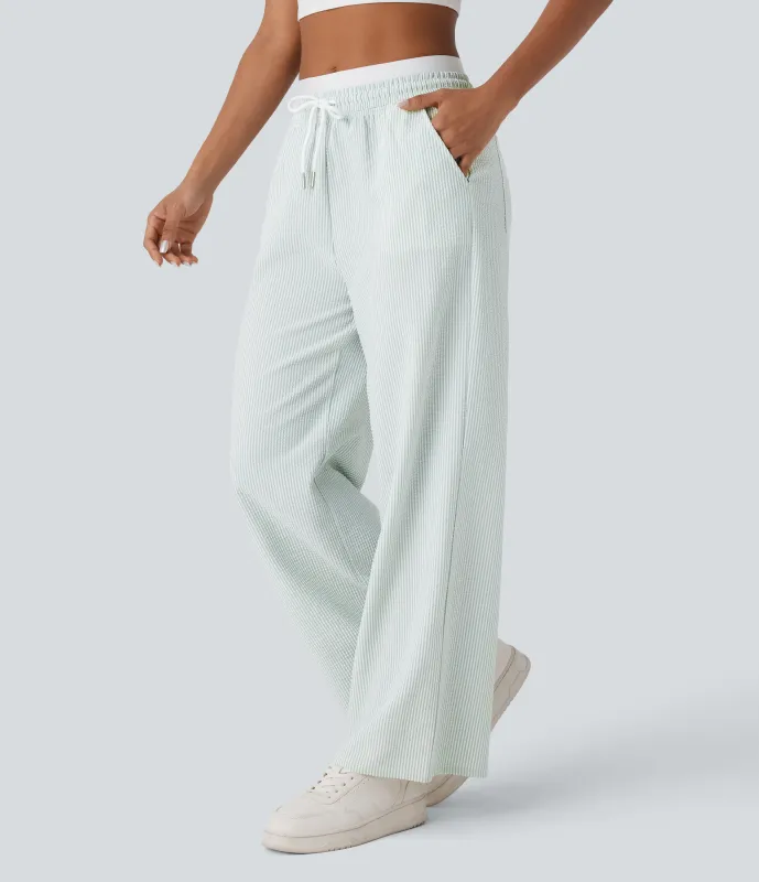 Halara Pantalón pierna recta rayas múltiple bolsillo cordón tiro medio doble capa - Light Green White Stripe - XL(regular) sold by Halara