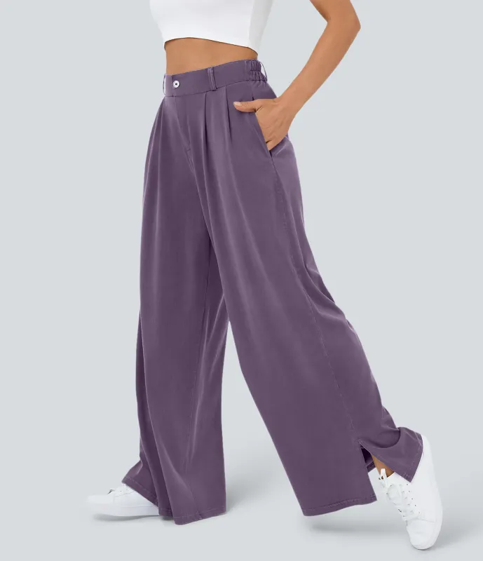 Halara Pantalón ancho tiro alto plisado bolsillo lateral dobladillo dividido cremallera botón - Mauve Denim - M(regular) made by Halara