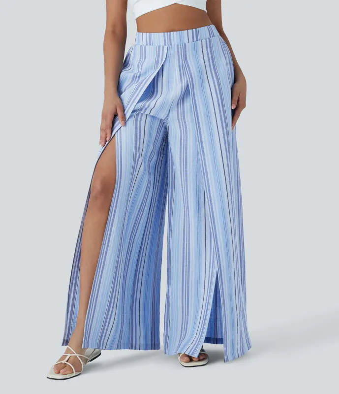 Halara Pantalones de lino con tiro alto, abertura y pierna ancha con bolsillos - Bohemia Yarn Dye Blue Stripe - L(regular) sold by Halara