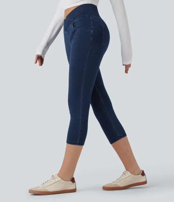 Halara Leggings capri Halara Flex™ Denim mezclilla punto elástico tiro alto bolsillo - Washed Denim Navy Blue - M(regular) sold by Halara