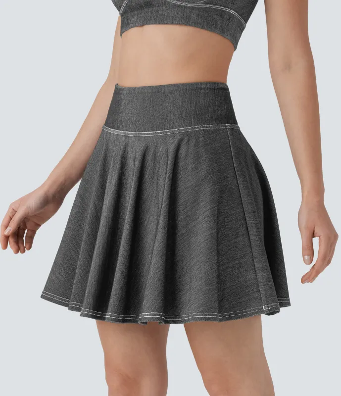 Halara Mini falda Halara Flex™ Denim mezclilla tenis elástica lavada tacto fresco 2 en 1 tiro alto bolsillo - Meteorite Black Denim - XL(regular) sold by Halara