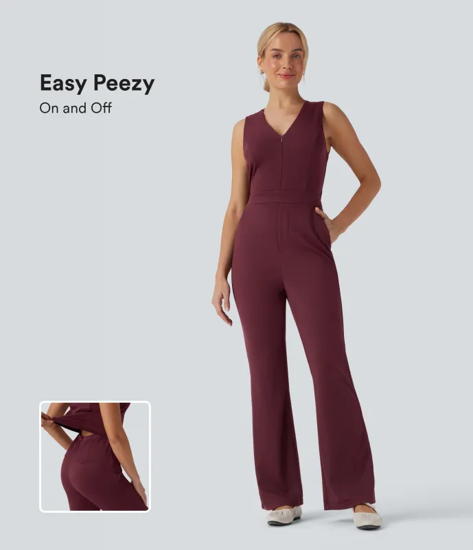 Halara Mono casual sin mangas con cuello en V y corte acampanado con bolsillos - Edición Easy Peezy - Zinfandel - L(regular) sold by Halara