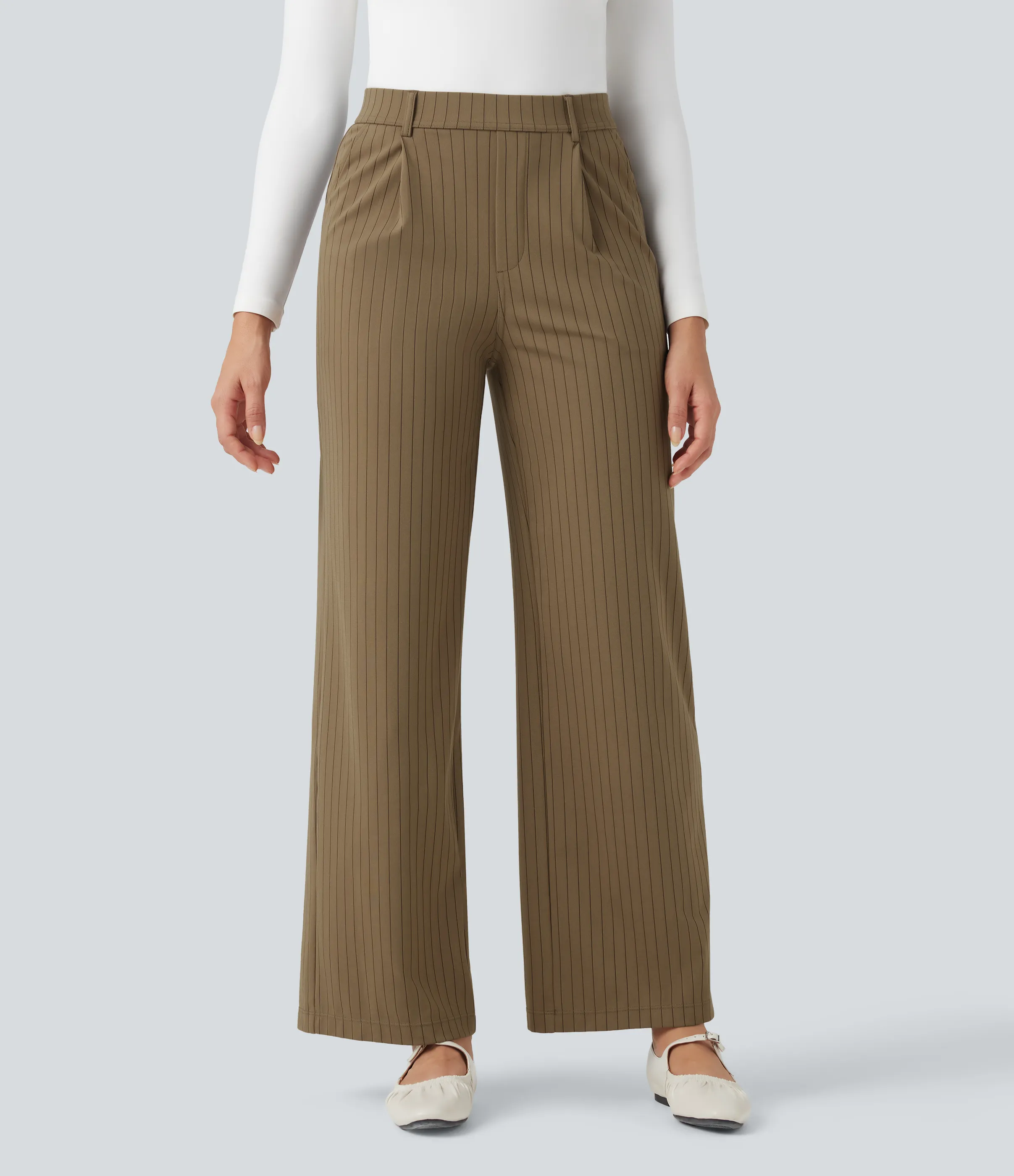 Halara Pantalones de oficina rectos de tiro alto con rayas y tacto fresco con bolsillos - Brown Pinstripe - XL(regular) sold by Halara product image thumbnail 3