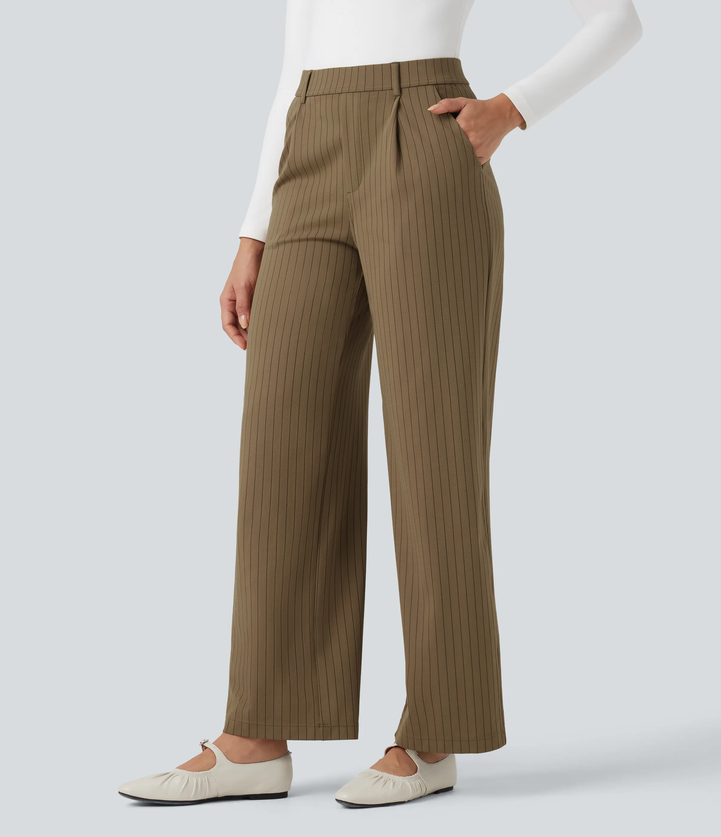 Halara Pantalones de oficina rectos de tiro alto con rayas y tacto fresco con bolsillos - Brown Pinstripe - XL(regular) sold by Halara product image thumbnail 4