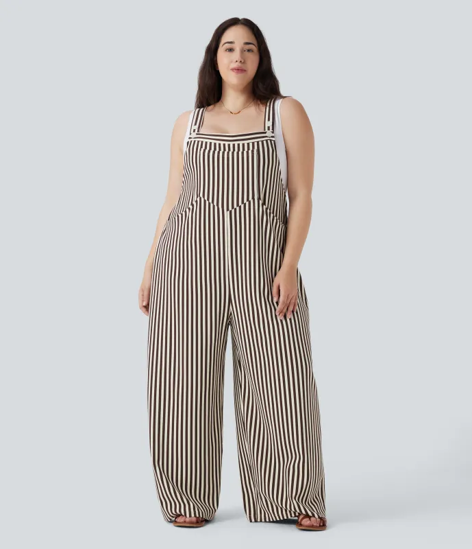 Halara Overol resort talla grande botón raya tira ajustable múltiple bolsillo - Khaki Brown Horizontal Stripe - 3X(regular) sold by Halara