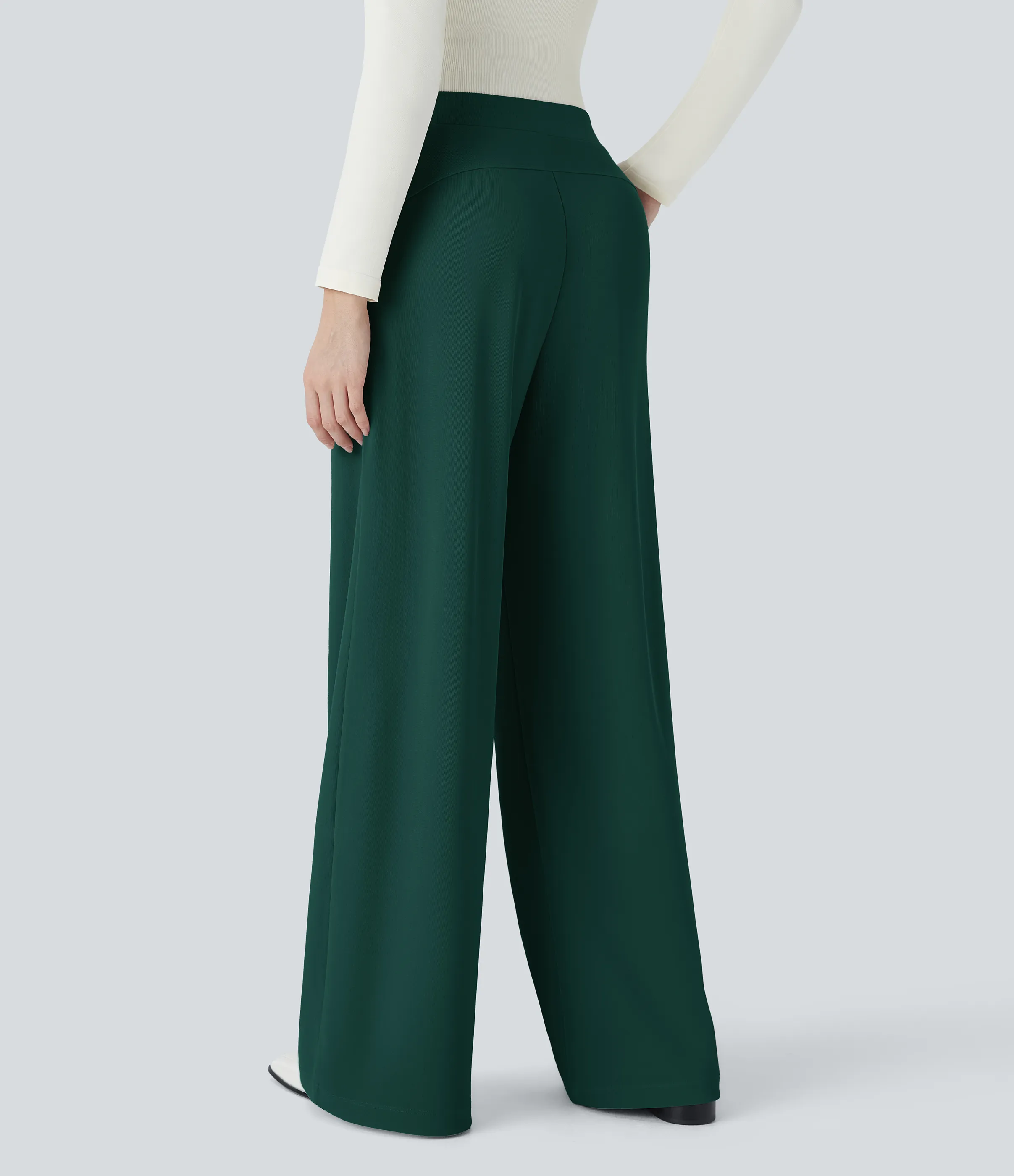 Halara Pantalón Halara Flex™ oficina tiro alto control abdomen adelgazan tiro bolsillo lateral pierna ancha micro gofre - Rain Forest - M(regular) sold by Halara product image thumbnail 3