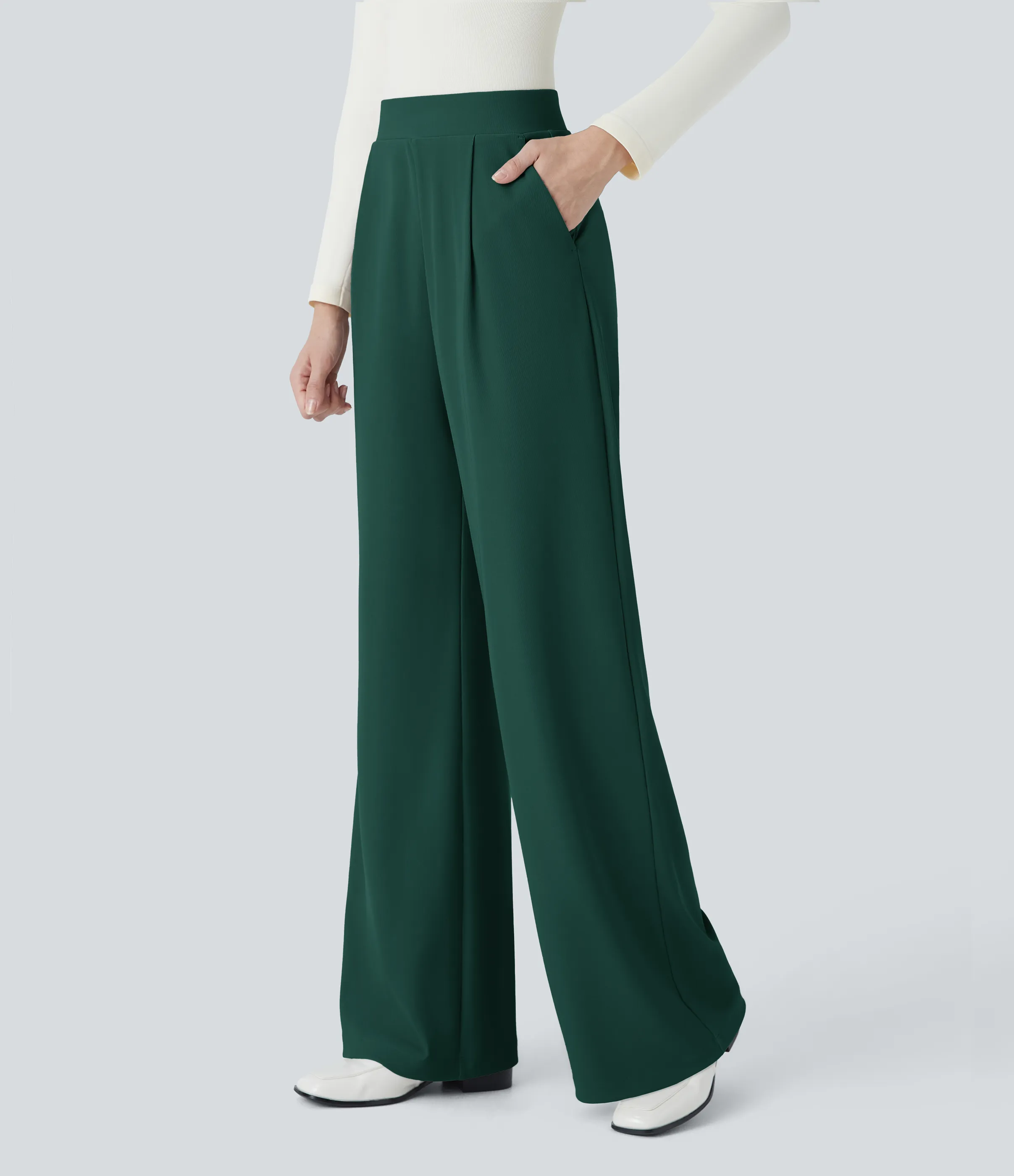 Halara Pantalón Halara Flex™ oficina tiro alto control abdomen adelgazan tiro bolsillo lateral pierna ancha micro gofre - Rain Forest - M(regular) sold by Halara product image thumbnail 4