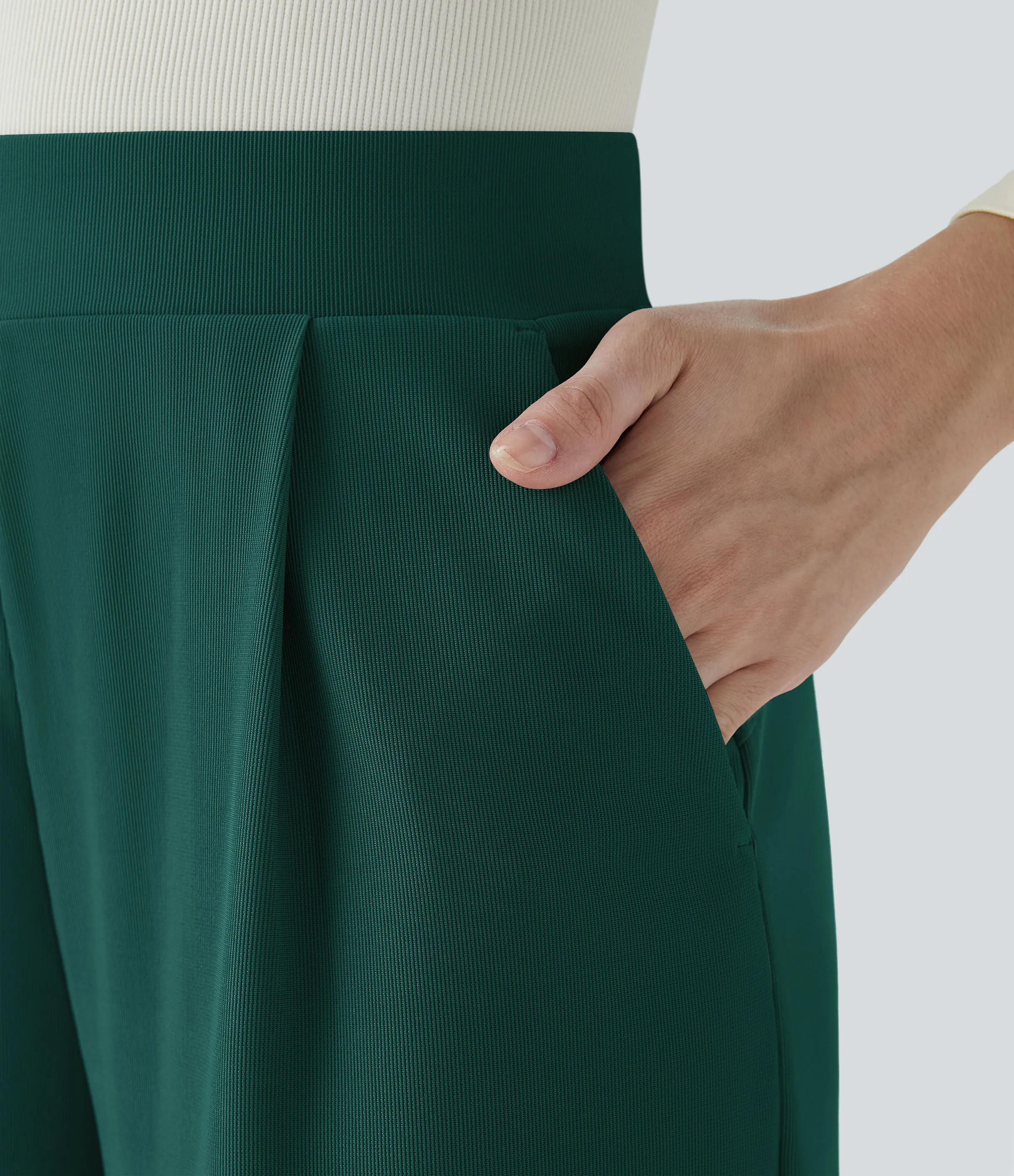 Halara Pantalón Halara Flex™ oficina tiro alto control abdomen adelgazan tiro bolsillo lateral pierna ancha micro gofre - Rain Forest - M(regular) sold by Halara product image thumbnail 5