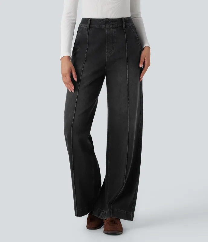 Halara Jeans anchos Halara Flex™ de tiro alto tipo desgastado casuales con bolsillos - Phantom Denim - XS(regular) sold by Halara