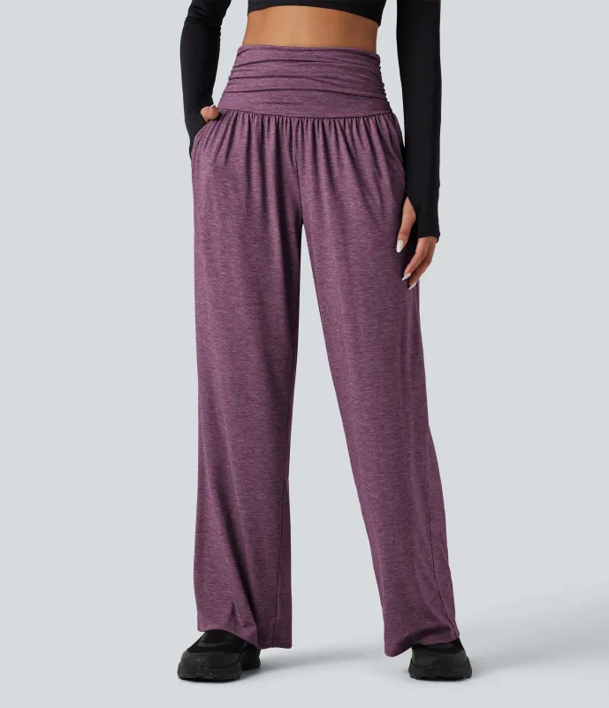 Halara Pantalones holgados de yoga de tiro alto con fruncido y bolsillos - Red Violet Floral Yarn - XS(regular) sold by Halara