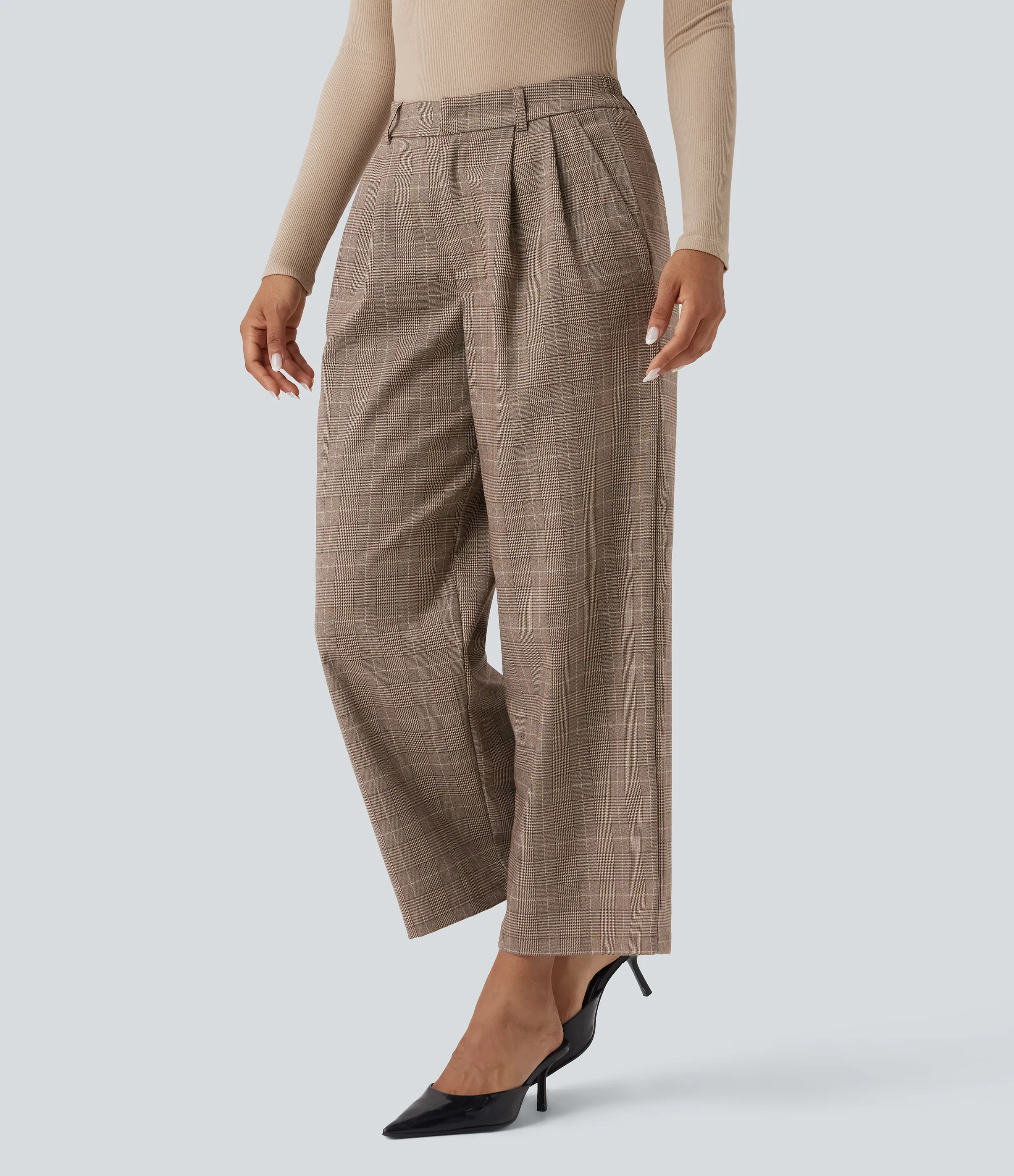 Halara Pantalones de oficina rectos de 7/8 de tiro medio con estampado pata de gallo y bolsillos - Khaki Houndstooth - S(regular) sold by Halara product image thumbnail 2