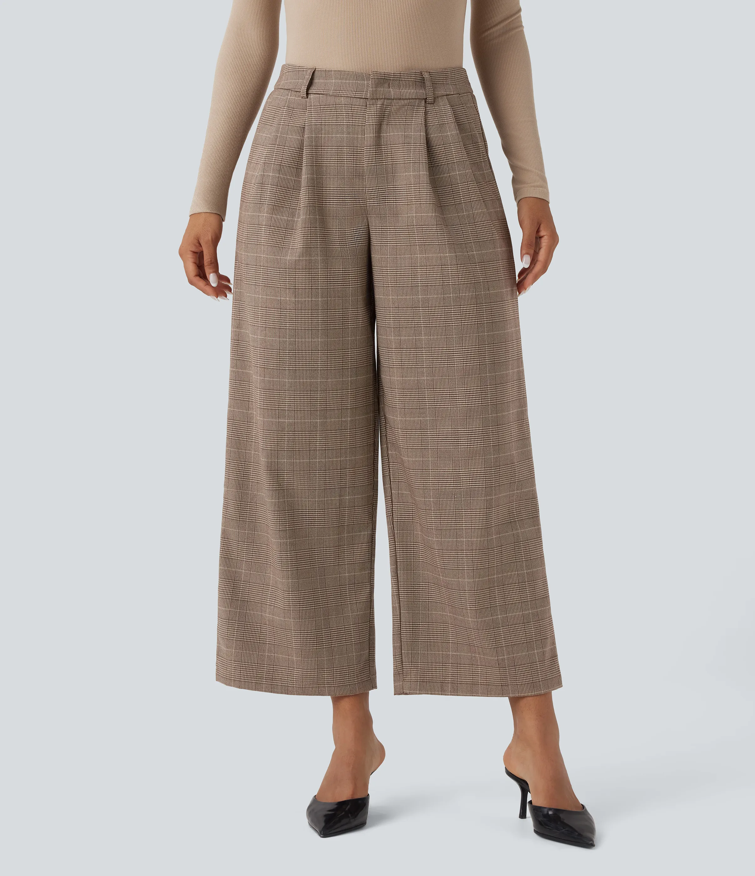 Halara Pantalones de oficina rectos de 7/8 de tiro medio con estampado pata de gallo y bolsillos - Khaki Houndstooth - S(regular) sold by Halara product image thumbnail 4