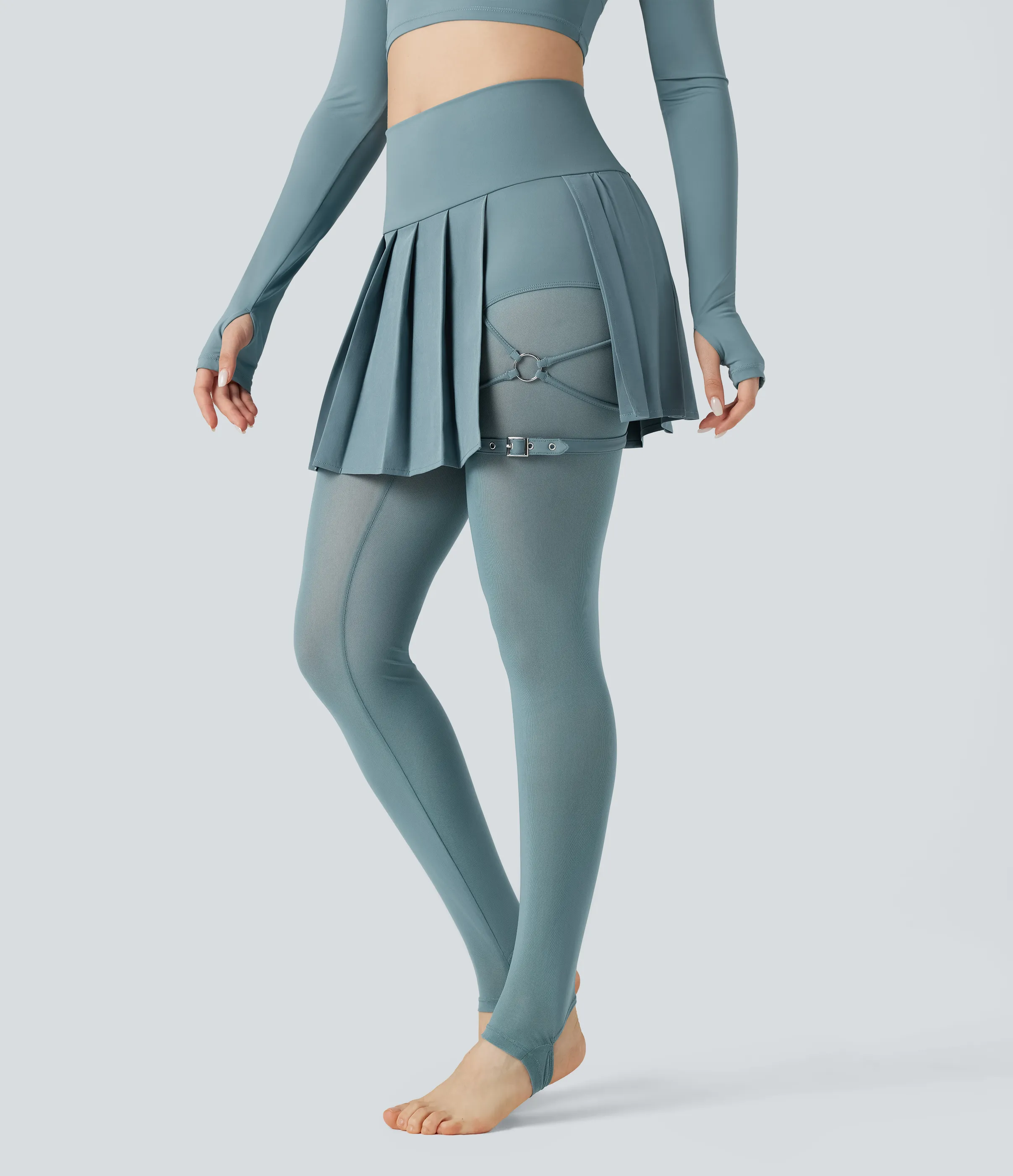 Halara Leggings Breezeful™ de tiro alto plisados 2 en 1 de malla en contraste con secado rápido, estribos y bolsillos - Stone Blue - M(regular) sold by Halara product image thumbnail 4