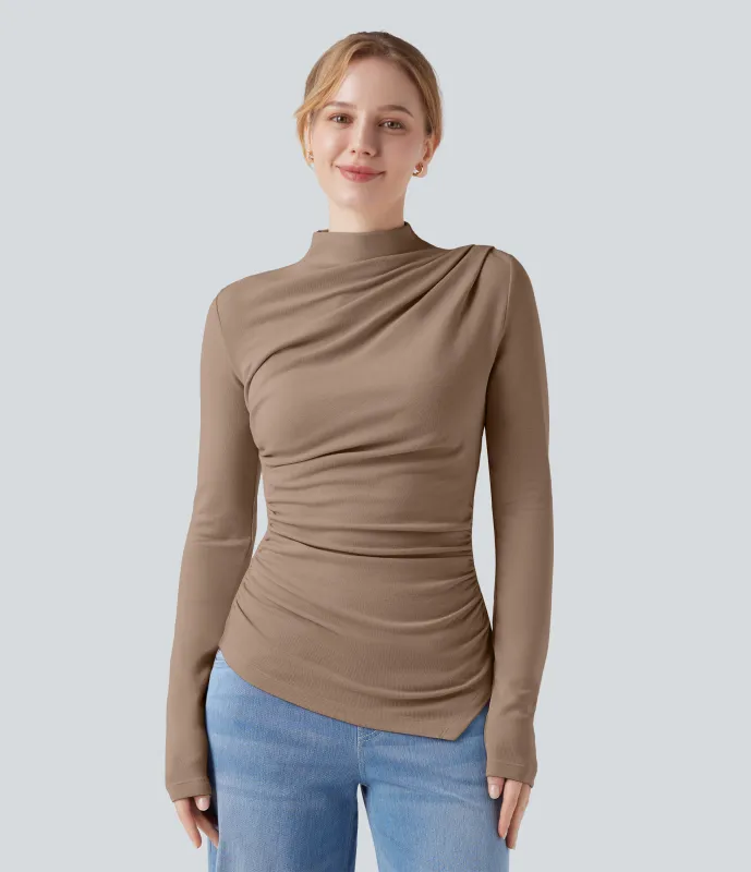 Halara Top casual térmico de cuello alto de manga larga con dobladillo asimétrico fruncido - Amphora - XL sold by Halara