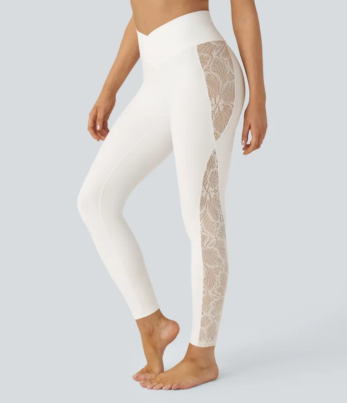 Halara Leggings Softlyzero™ yoga tiro alto encaje contrastante bolsillo trasero cruzado 7/8 pulgada - UPF50+ - White - L(full_length) sold by Halara
