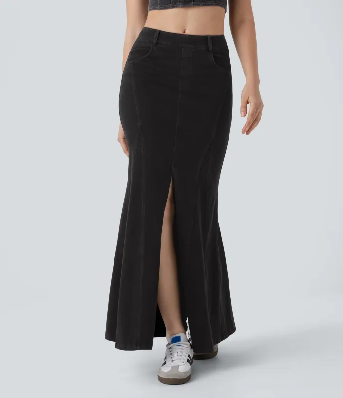 Halara Falda Halara Flex™ Denim elástica de tiro medio en corte sirena y desgastada con abertura y bolsillos - Sandalwood Black Denim - S(regular) sold by Halara