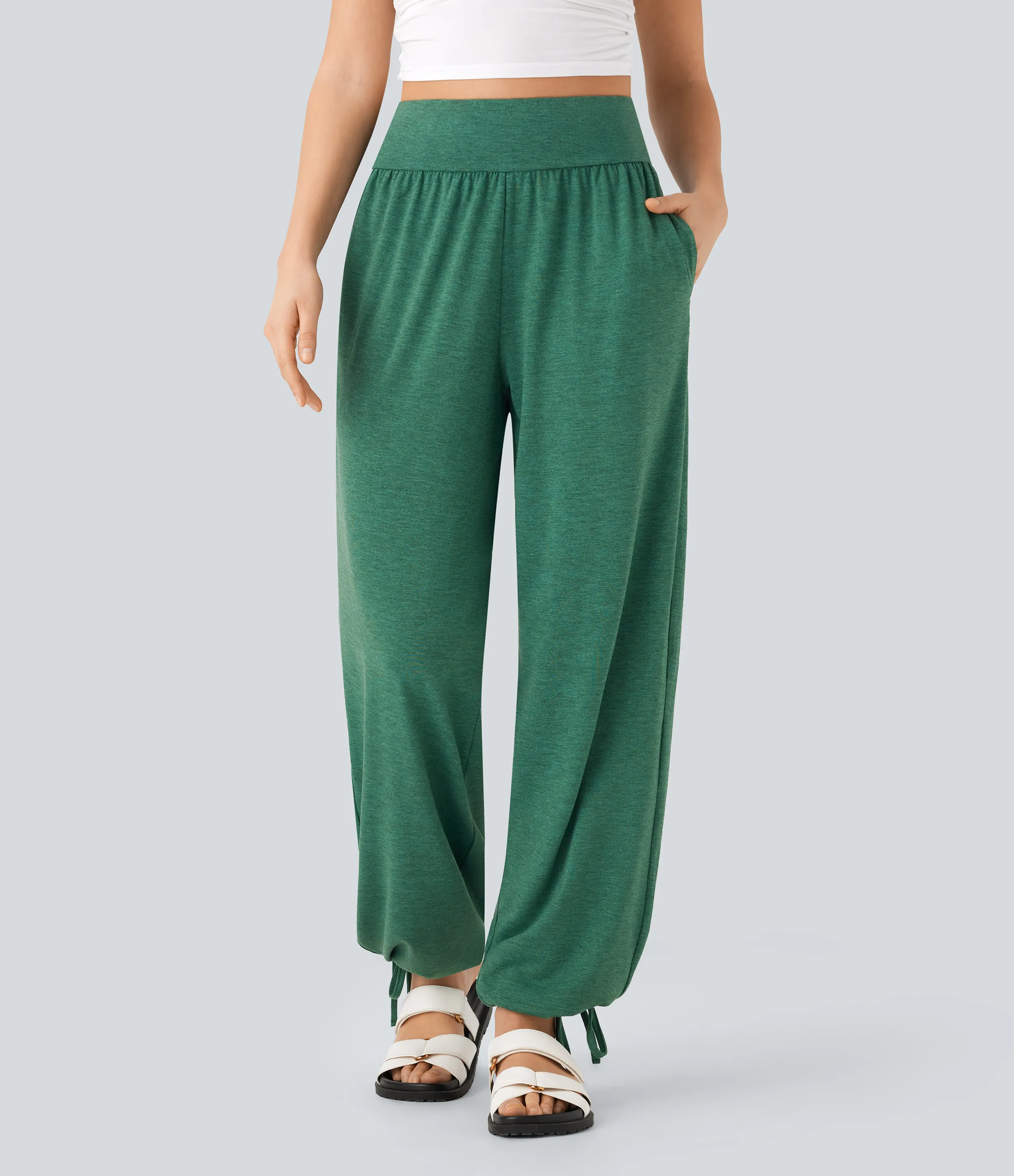 Halara Joggers casuales de tiro alto con dobladillo con cordón y bolsillos laterales - Emerald Floral Yarn - XS(regular) sold by Halara