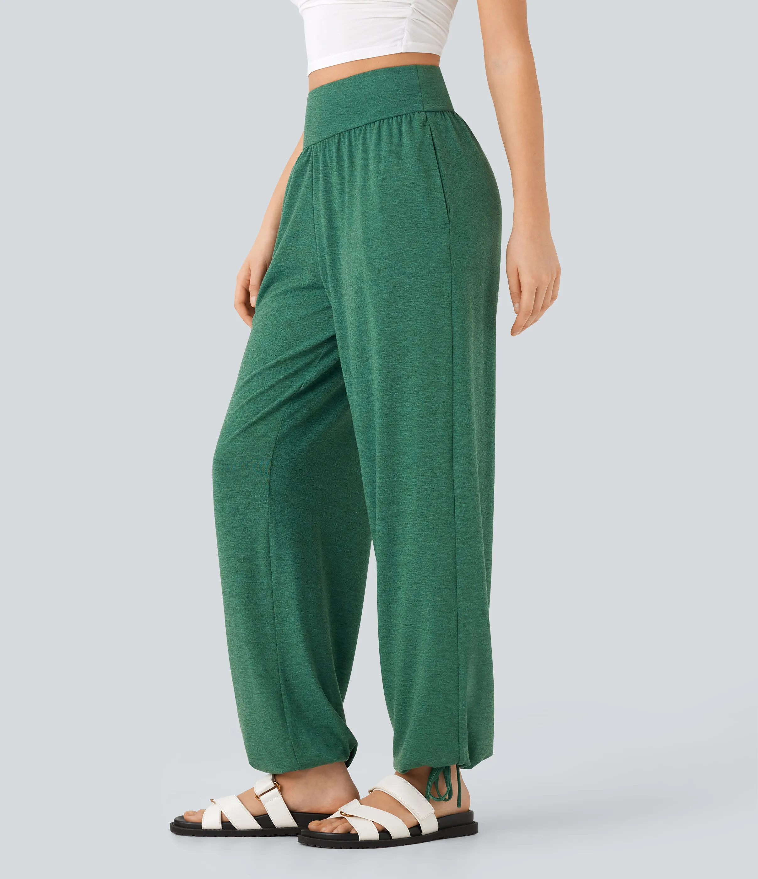 Halara Joggers casuales de tiro alto con dobladillo con cordón y bolsillos laterales - Emerald Floral Yarn - XS(regular) sold by Halara product image thumbnail 5