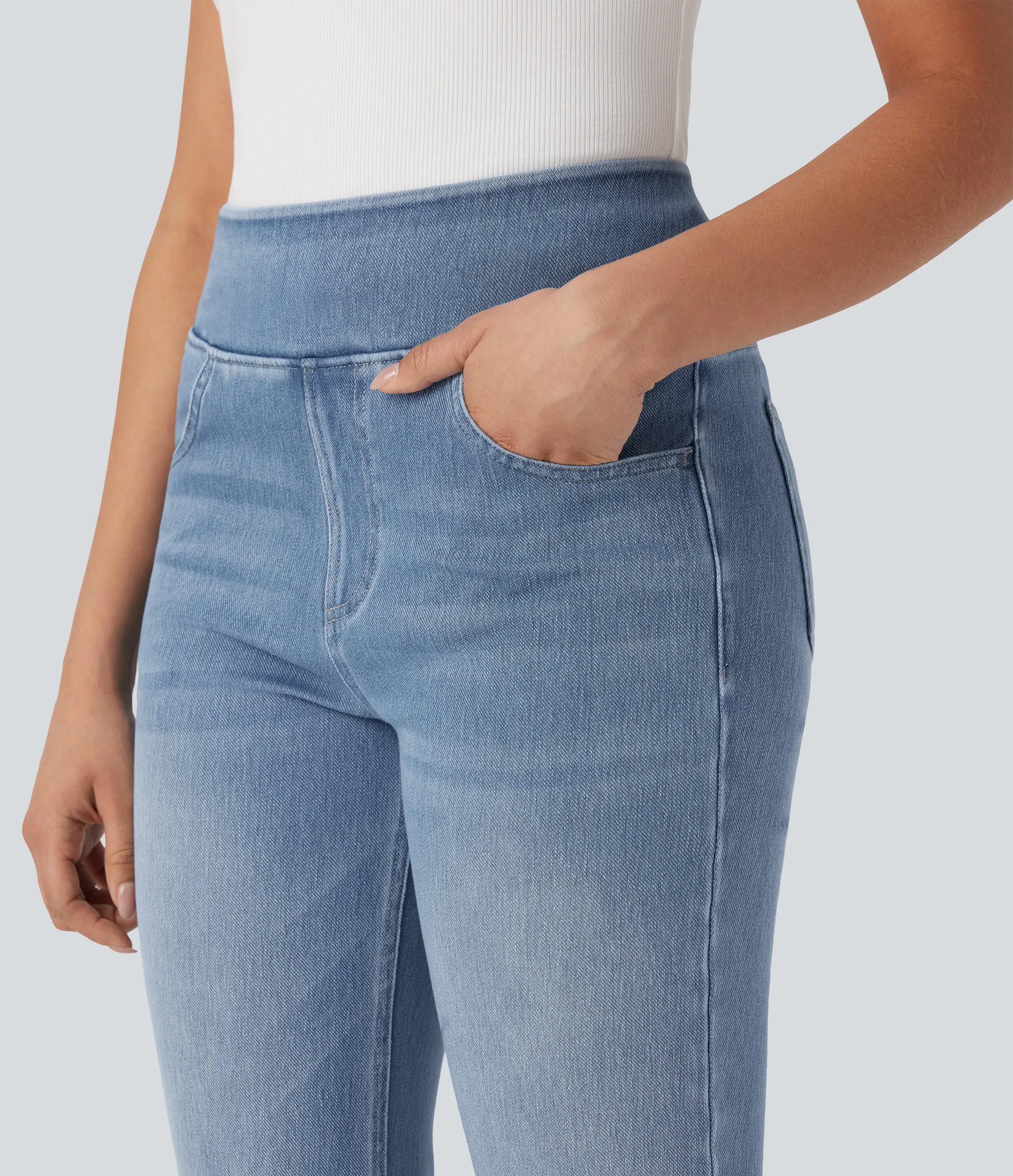 Halara Jeans Halara Flex™ Denim elástico corte acampanado tipo lavado tiro alto efecto moldeador abdomen bolsillo - Blue Jasper Denim - S(regular) sold by Halara product image thumbnail 5