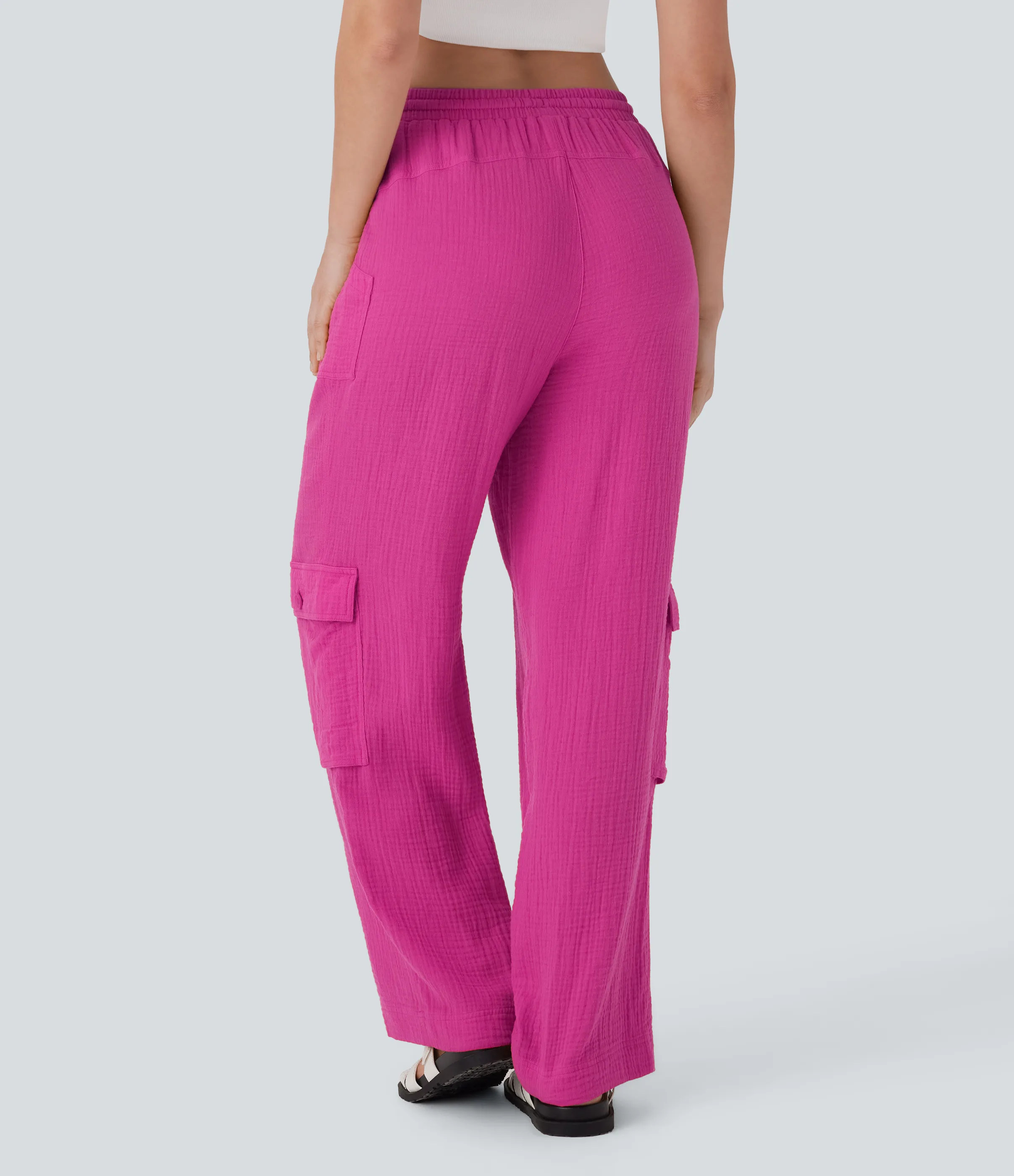 Halara Pantalones cargo casuales de algodón con tiro alto, cordón ajustable y pierna ancha con bolsillos - Fuchsia Fedora - S(regular) sold by Halara product image thumbnail 3