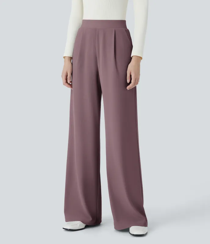 Halara Pantalón Halara Flex™ oficina tiro alto control abdomen adelgazan tiro bolsillo lateral pierna ancha micro gofre - Dark Plum - XL(regular) sold by Halara