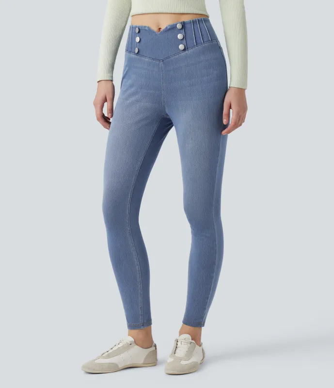 Halara Leggings casuales ajustados de mezclilla Halara Flex™ con control de abdomen y tiro alto con bolsillos -  Blue Jasper Denim - XS(regular) sold by Halara