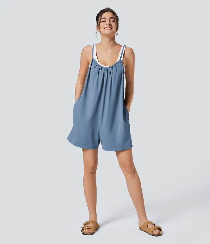 Halara Mono pierna ancha liso bolsillo lateral plisado correa ajustable espagueti - Deep Ocean Blue - XL(regular) sold by Halara