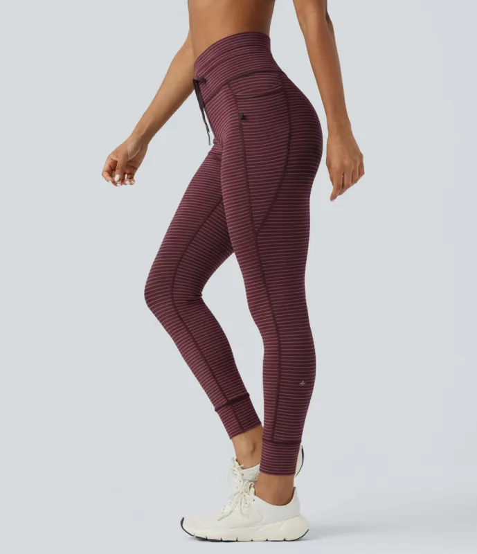 Halara Leggings de yoga de tiro alto a rayas con cordón y bolsillos - Burgundy Wine - S(full_length) sold by Halara