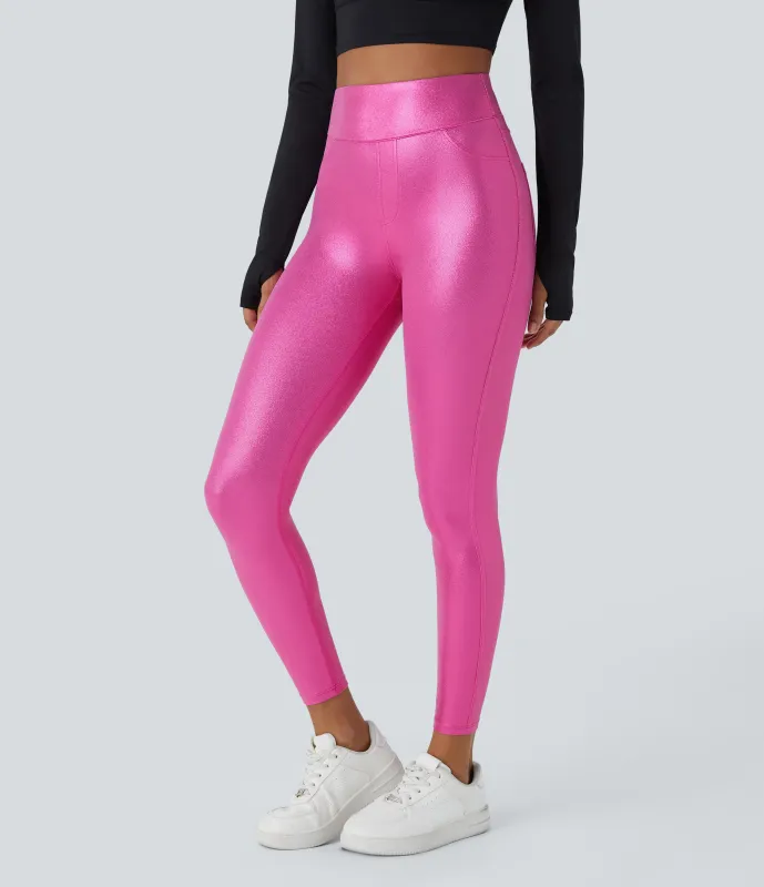 Halara Leggings oficina Softlyzero™ Faux Leather bolsillo lateral trasero tiro alto - Shiny Fuchsia Fedora - XS(7/8) sold by Halara