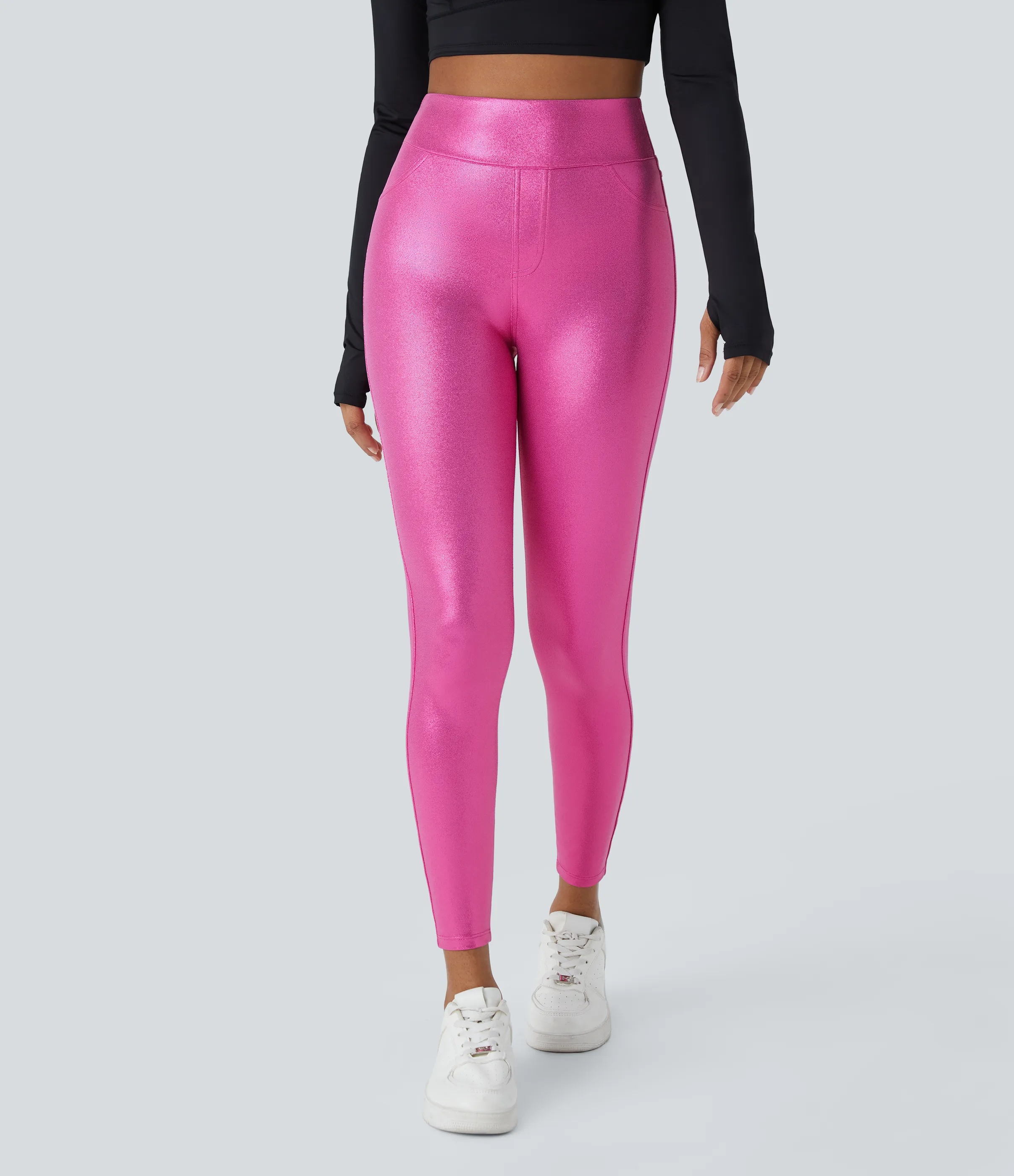 Halara Leggings oficina Softlyzero™ Faux Leather bolsillo lateral trasero tiro alto - Shiny Fuchsia Fedora - XS(7/8) sold by Halara product image thumbnail 4