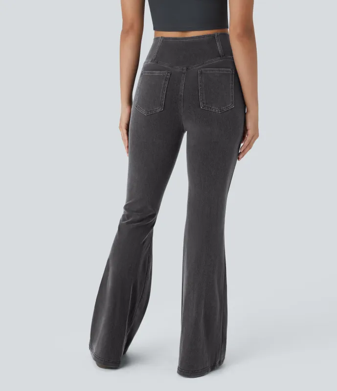 Halara Jeans Halara Flex™ Denim súper acampanado elástico lavado bolsillo cruzado tiro alto - Coal Black Denim - L(regular) sold by Halara